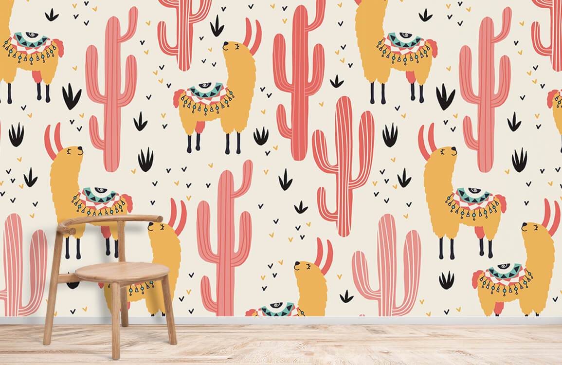 Charming llama and cactus desert pattern wallpaper, cream and coral, wooden chair, light wood flooring.