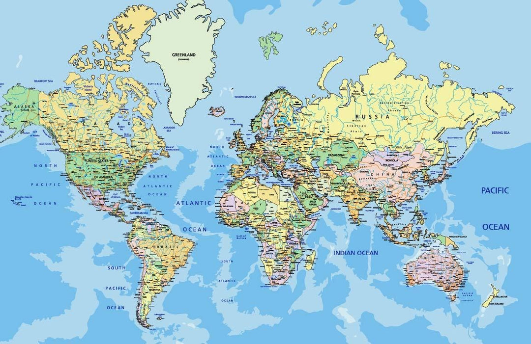 World Map Mural Wallpaper: Colourful Geographical Educational Global Decor