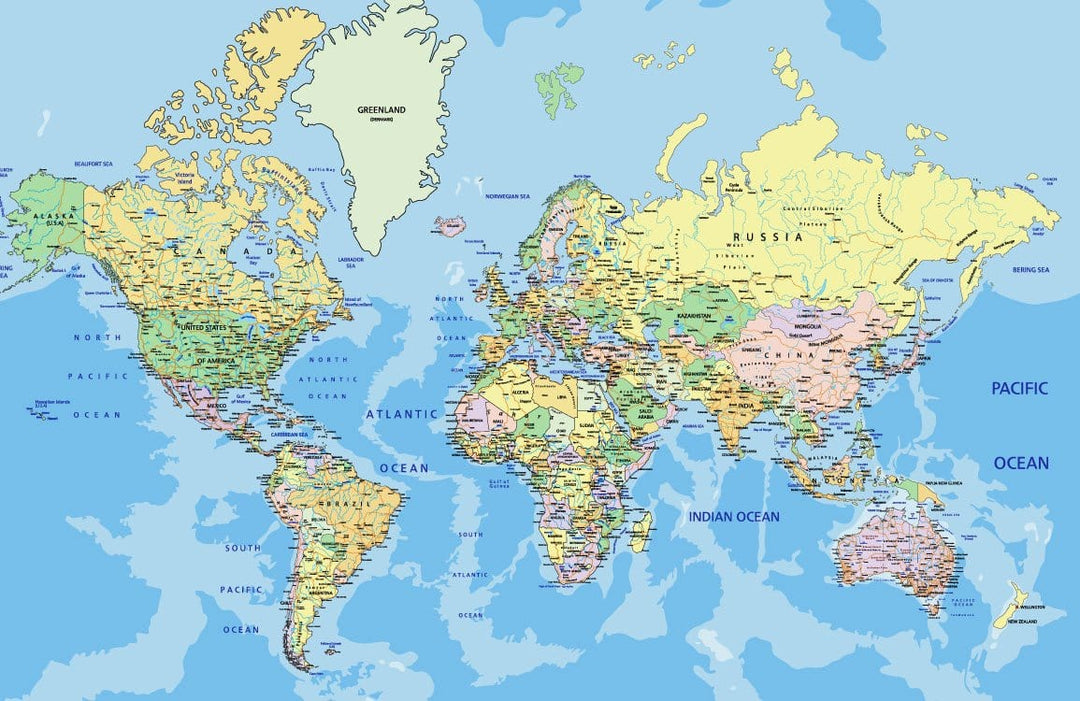 Blue Earth Tones World Map Mural Wallpaper - Educational Home Decor
