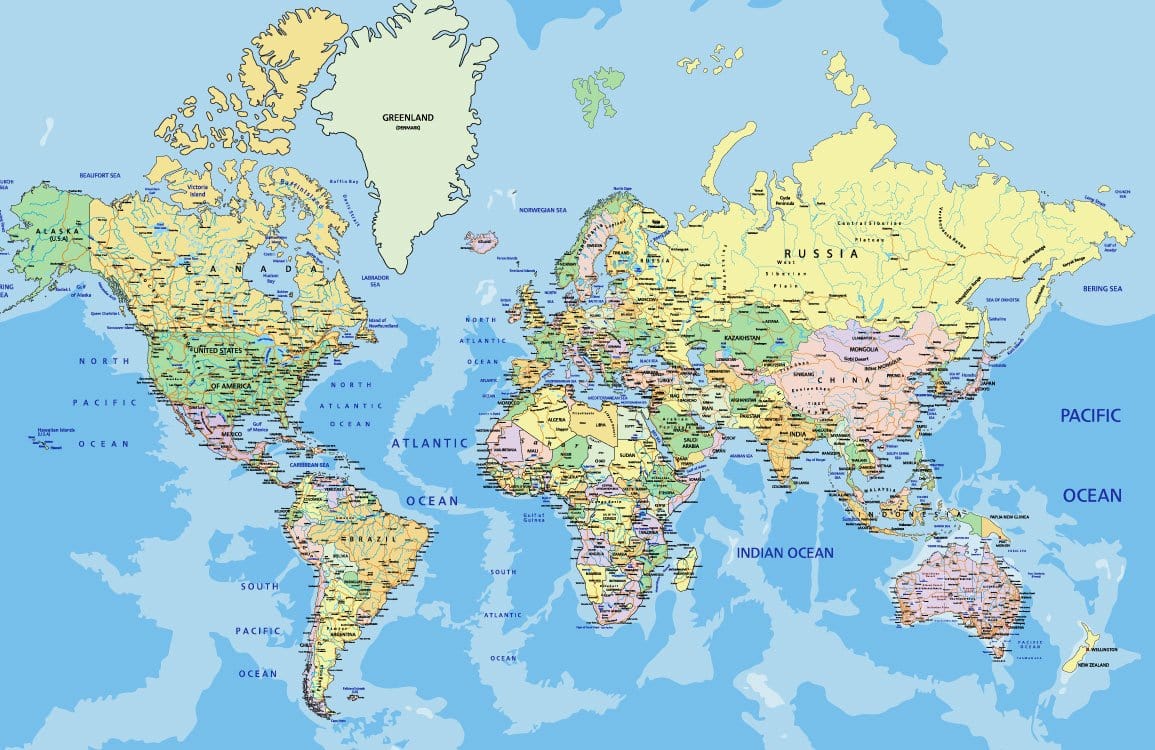 Blue Earth Tones World Map Mural Wallpaper - Educational Home Decor