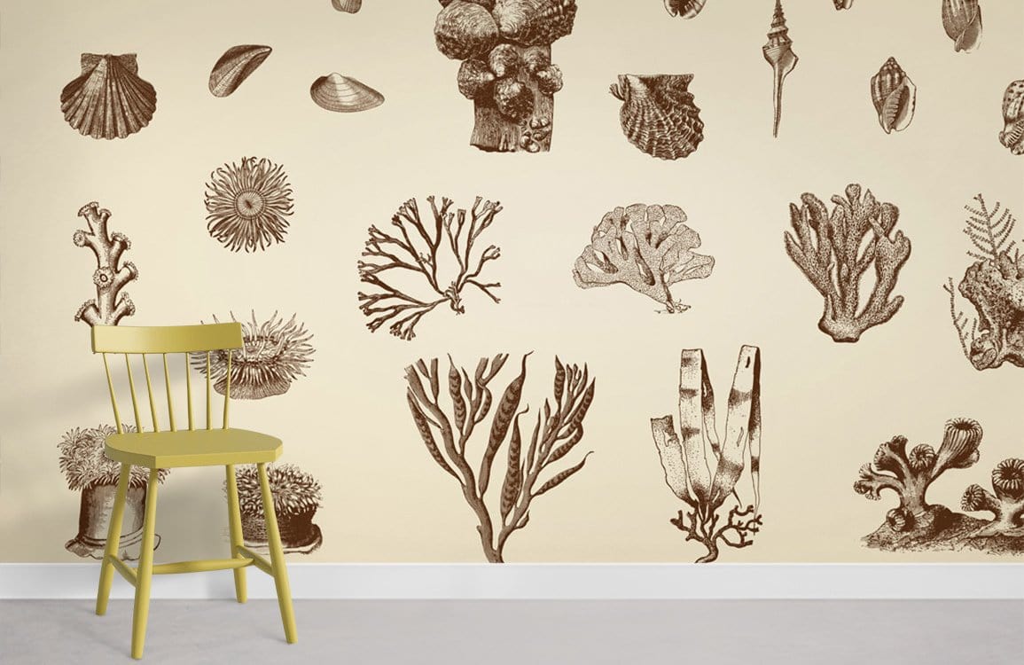 Vintage Sepia Marine Life Wallpaper with yellow chair and grey flooring in modern room setting.