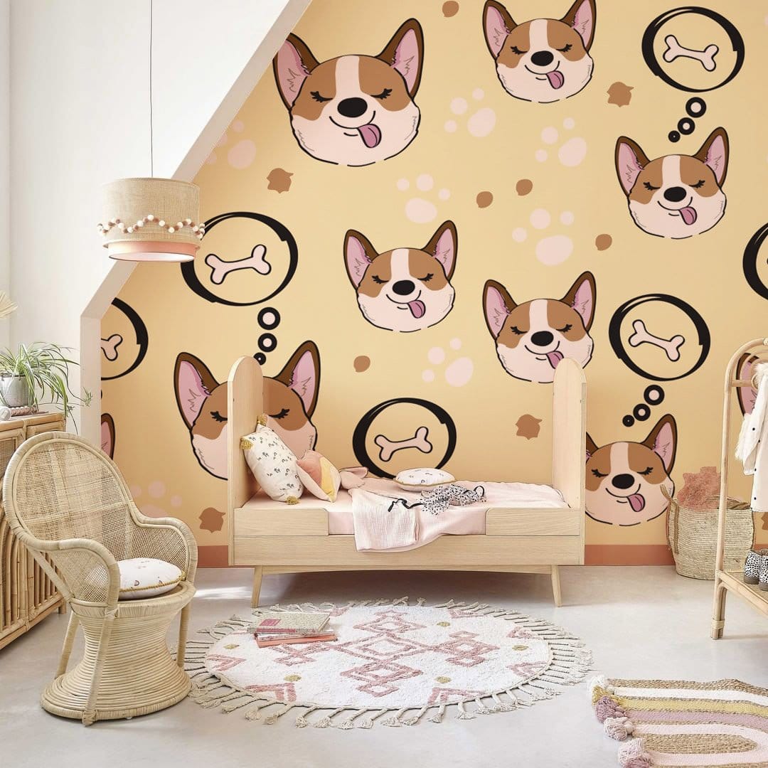 Playful corgi wallpaper in yellow-themed room with wicker chair, round rug, and wooden bed.