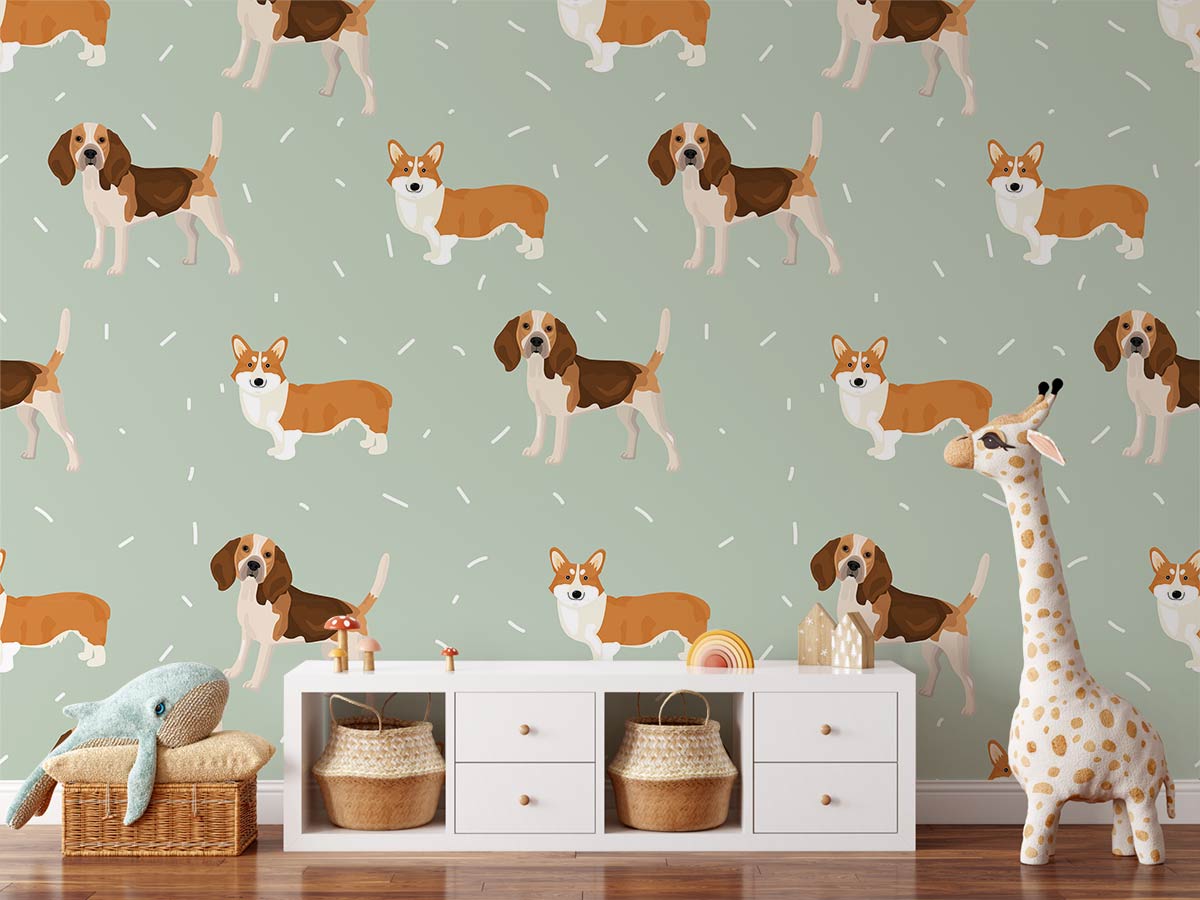 Cute canine patterned wallpaper in soft green, children's room decor, white cabinet, wood flooring.