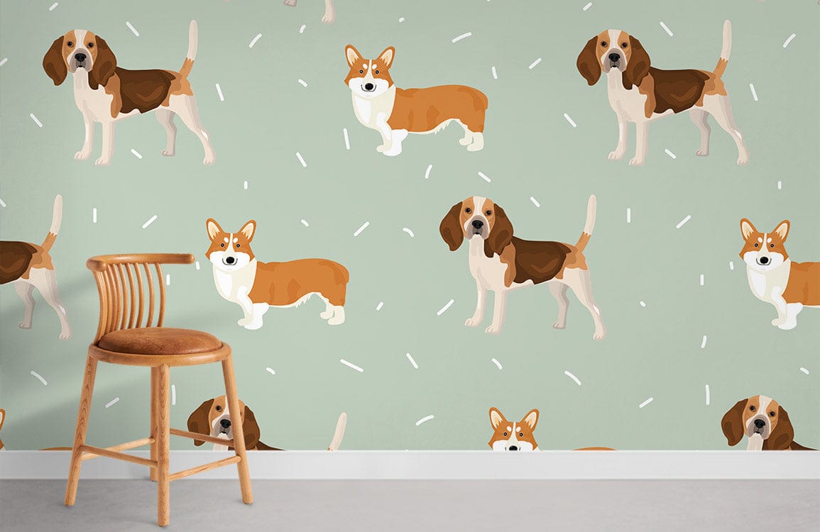 Cute Canine Patterned Wallpaper in Soft Green, wooden chair, contemporary room, light grey flooring.