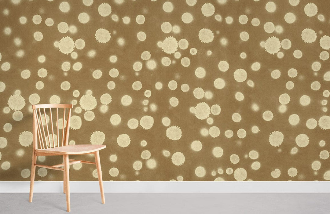 Vintage polka dot wallpaper, warm tones, cosy interior design, wooden chair, minimalist grey flooring.