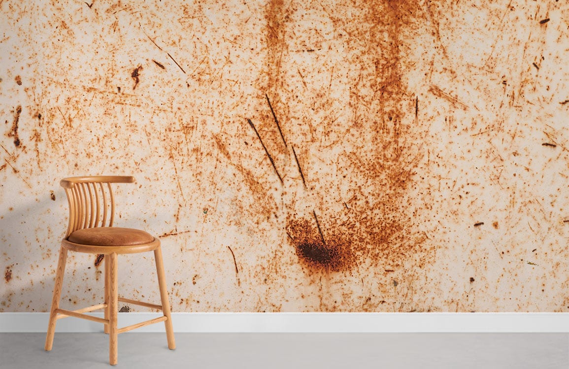 Vintage rust mural wallpaper with industrial style, featuring a wooden chair and grey flooring.