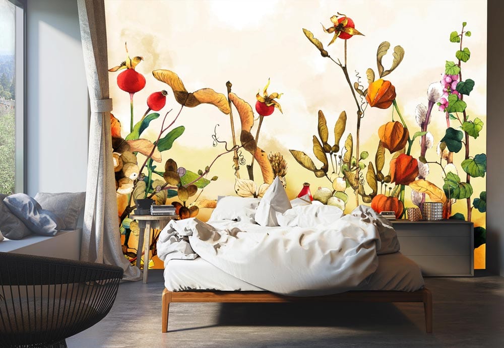 Vintage floral wallpaper in earthy tones, bedroom with minimalist bed, dark flooring, modern decor.