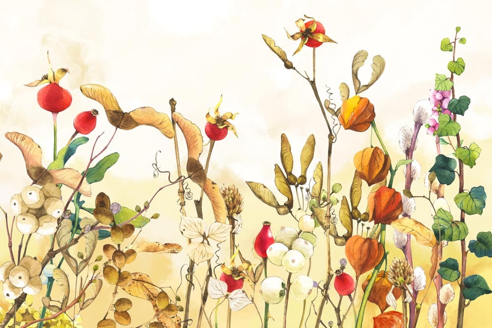 Vintage Autumn Floral Watercolour Mural Wallpaper in Warm Earthy Tones