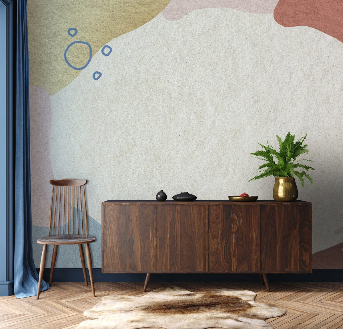 Abstract Neutral Pastel Organic Wallpaper, wooden sideboard, chevron flooring, chair, and modern decor elements.