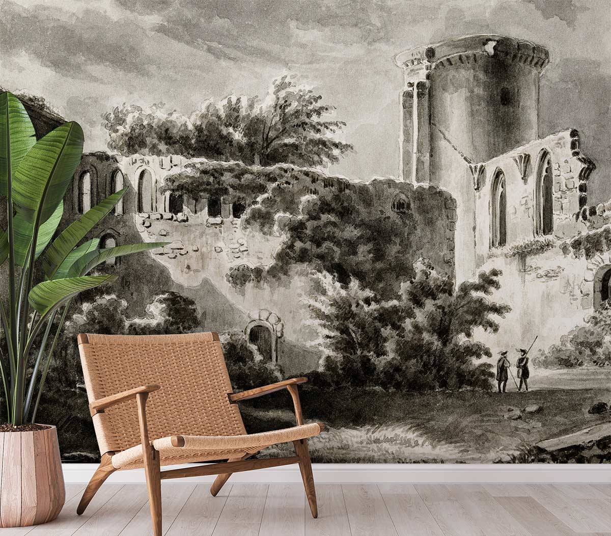 Antique monochrome ruins mural wallpaper in living room with wooden chair and light wood flooring.