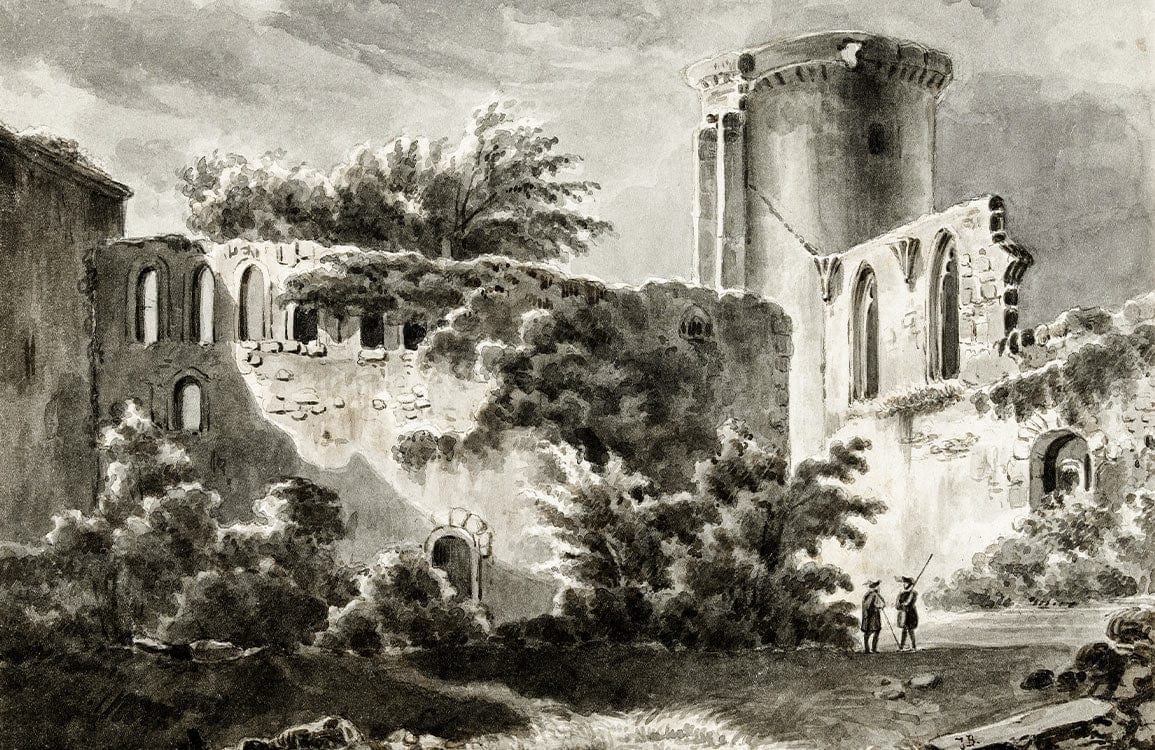 Antique Monochrome Ruins Mural Wallpaper - Historic Architectural Landscape Design