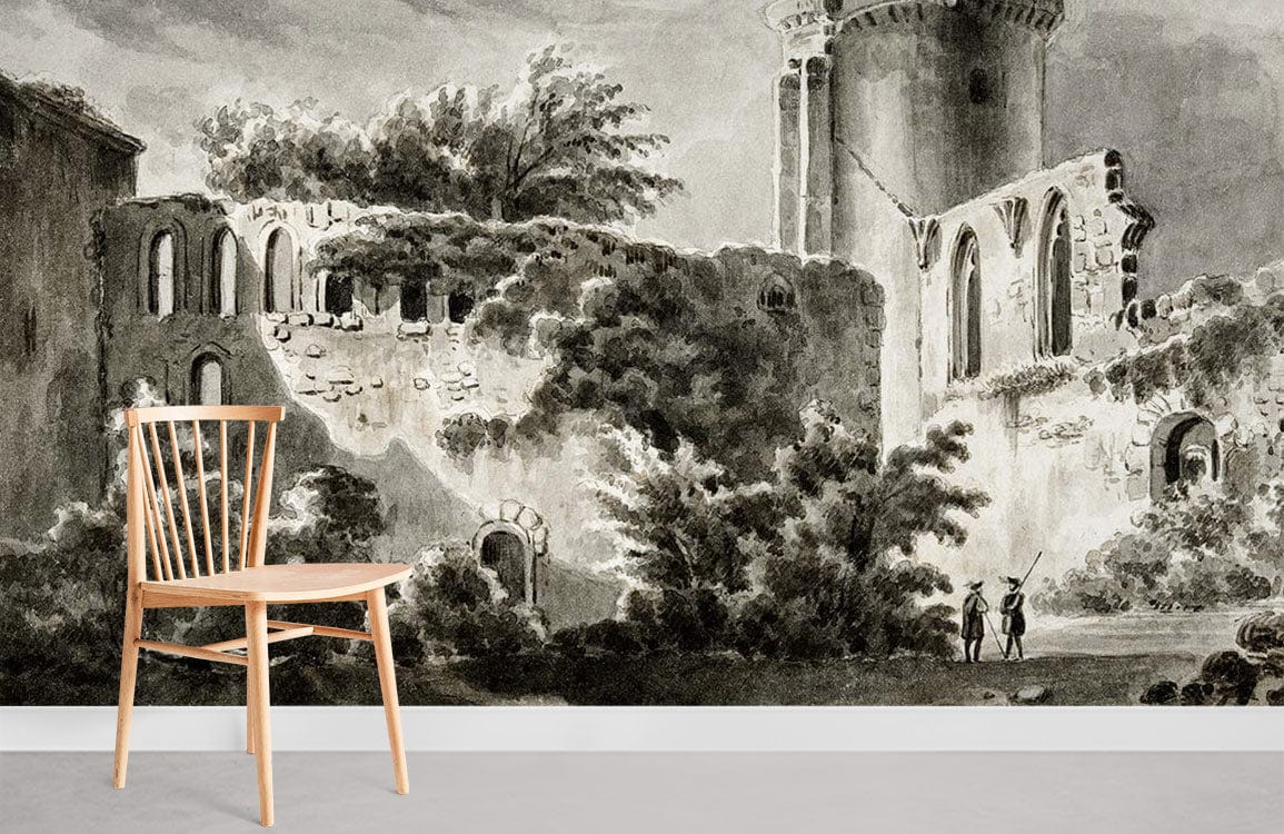 Antique Monochrome Ruins Mural Wallpaper with wooden chair, grey flooring, historic architectural wall design.