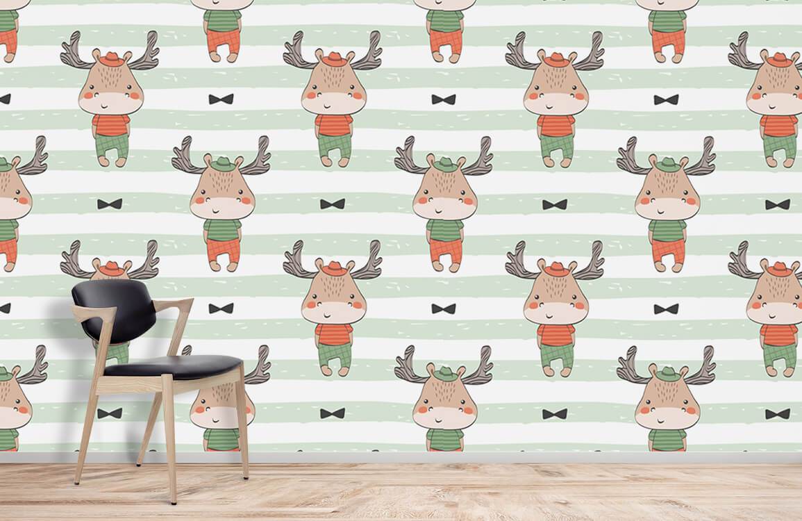Charming Reindeer Kids Wallpaper in green and orange stripes, black modern chair, wooden flooring.