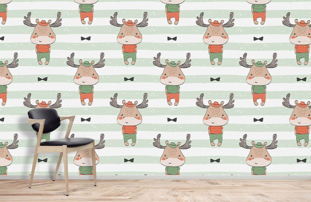 Charming Reindeer Kids Wallpaper in green and orange stripes, black modern chair, wooden flooring.