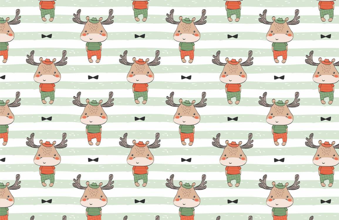 Charming Reindeer Kids Wallpaper in Green and Orange Striped Pattern