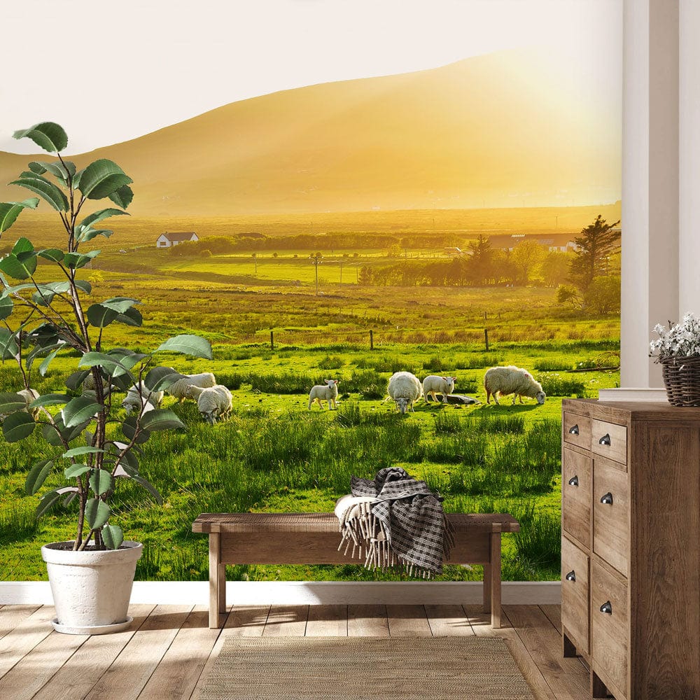 Tranquil Green Countryside Wallpaper with Sheep Pastoral Landscape Scene