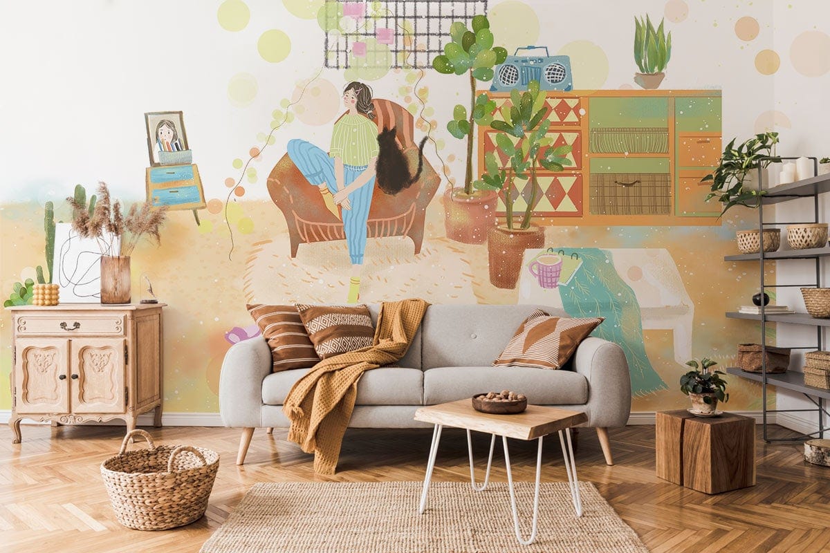 Retro Pastel Living Room Mural Wallpaper with cosy vibes, featuring grey sofa, parquet flooring, and shelves.