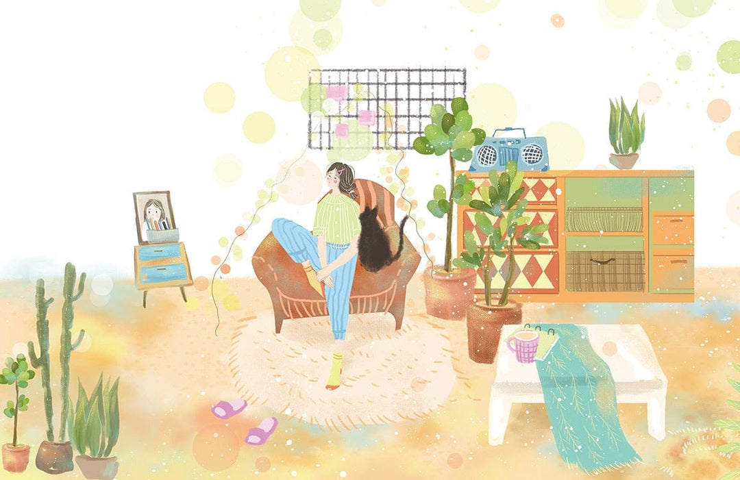 Retro Pastel Living Room Mural Wallpaper with Plants and Cosy Vibes