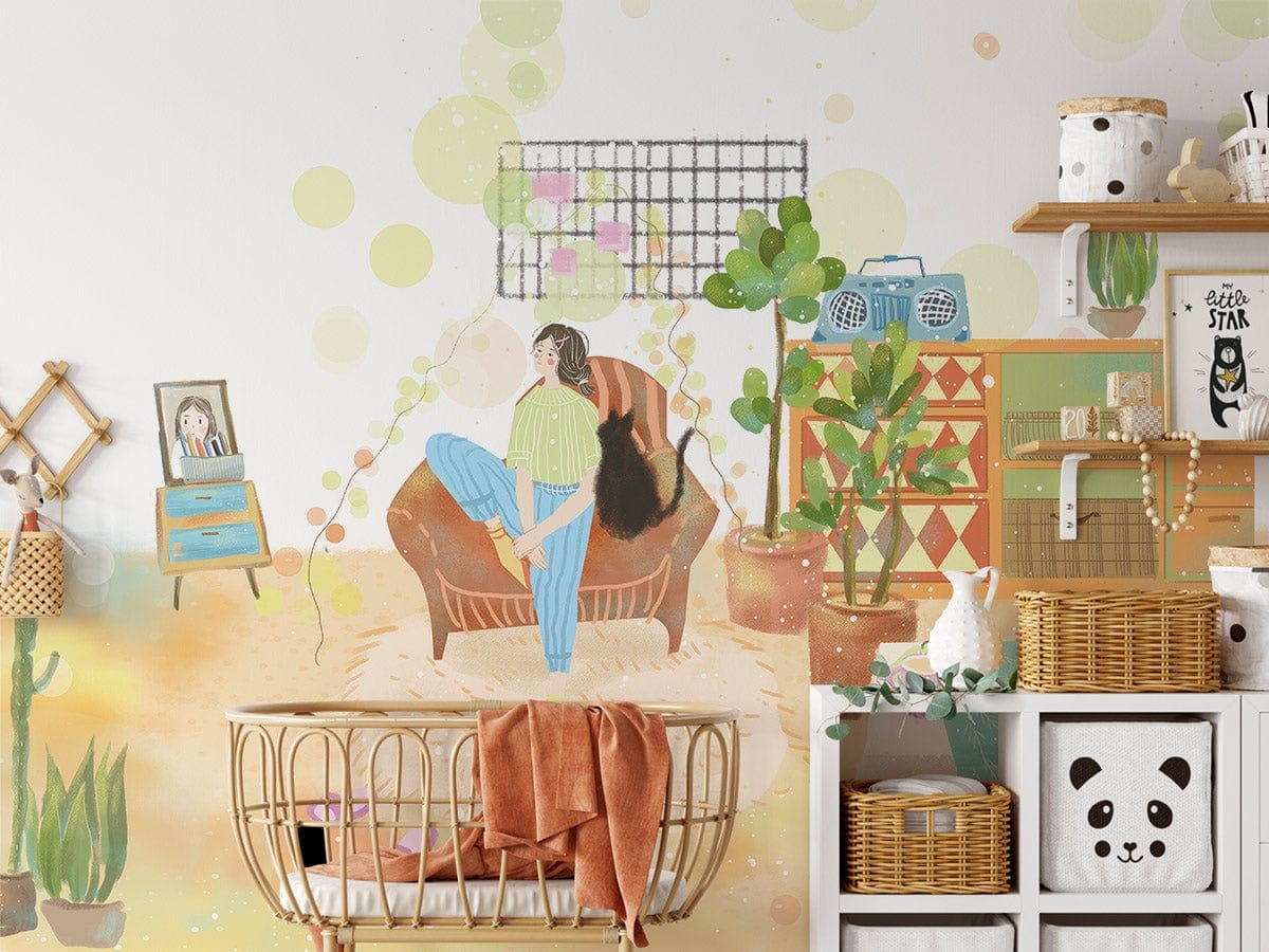 Retro pastel living room mural wallpaper, featuring plants, wicker furniture, cosy wooden accents, and nursery elements.