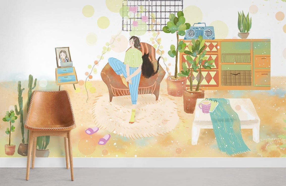 Retro pastel mural wallpaper with plants, cosy vibes, leather chair, white coffee table, artistic decor.