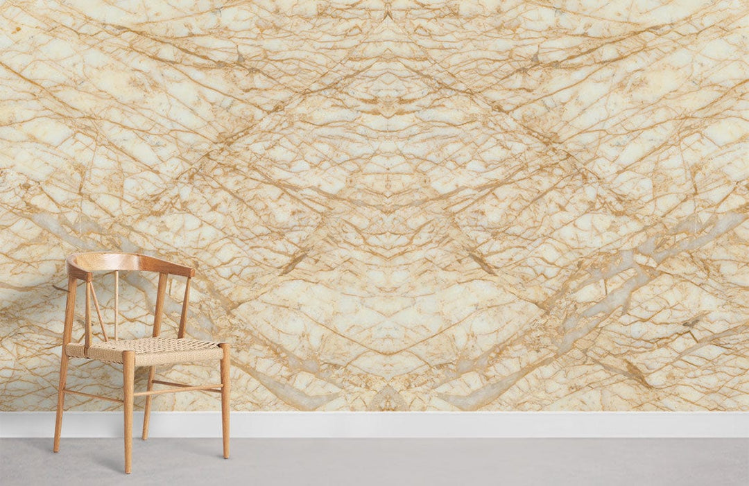 Elegant beige marble wallpaper with intricate stone pattern, wooden chair, neutral grey flooring, modern decor.