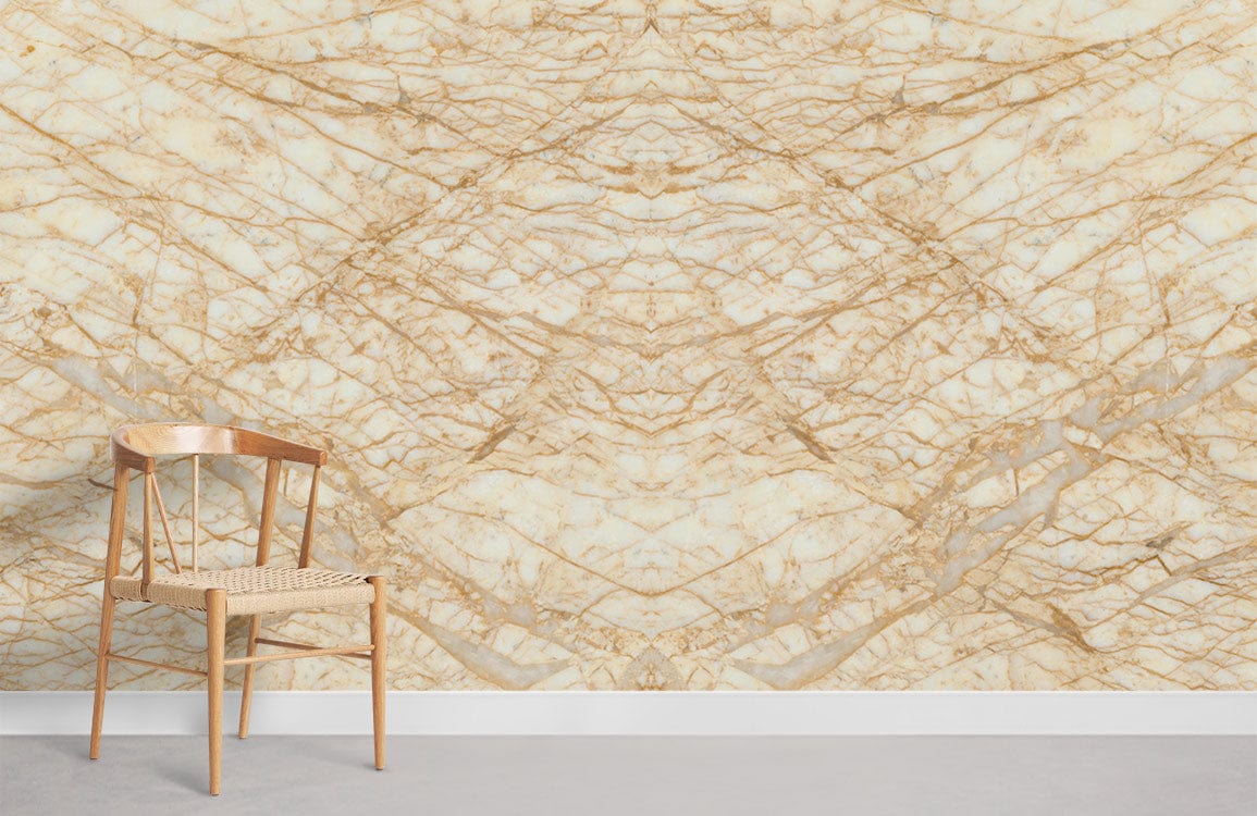 Elegant beige marble wallpaper with intricate stone pattern, wooden chair, neutral grey flooring, modern decor.