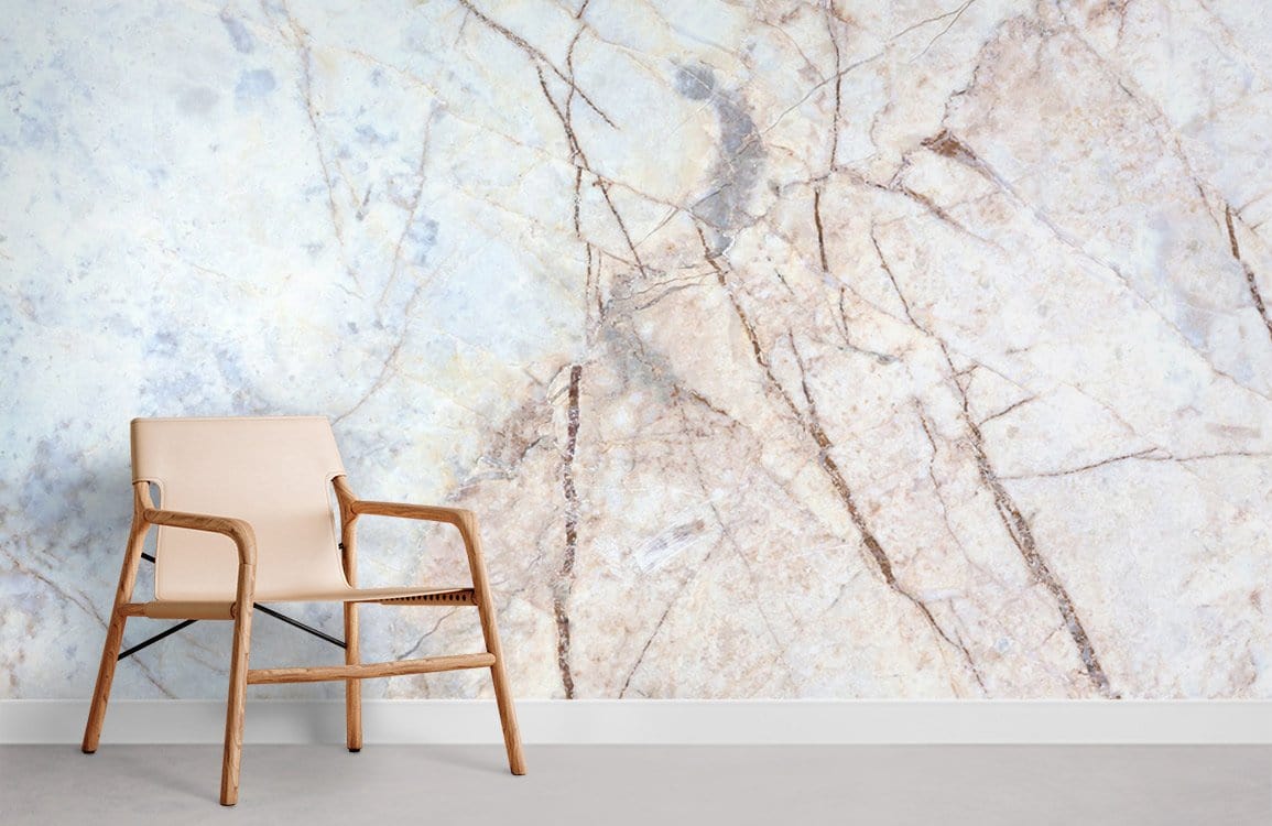 Elegant cream beige marble texture wallpaper in modern room with beige chair and grey flooring.