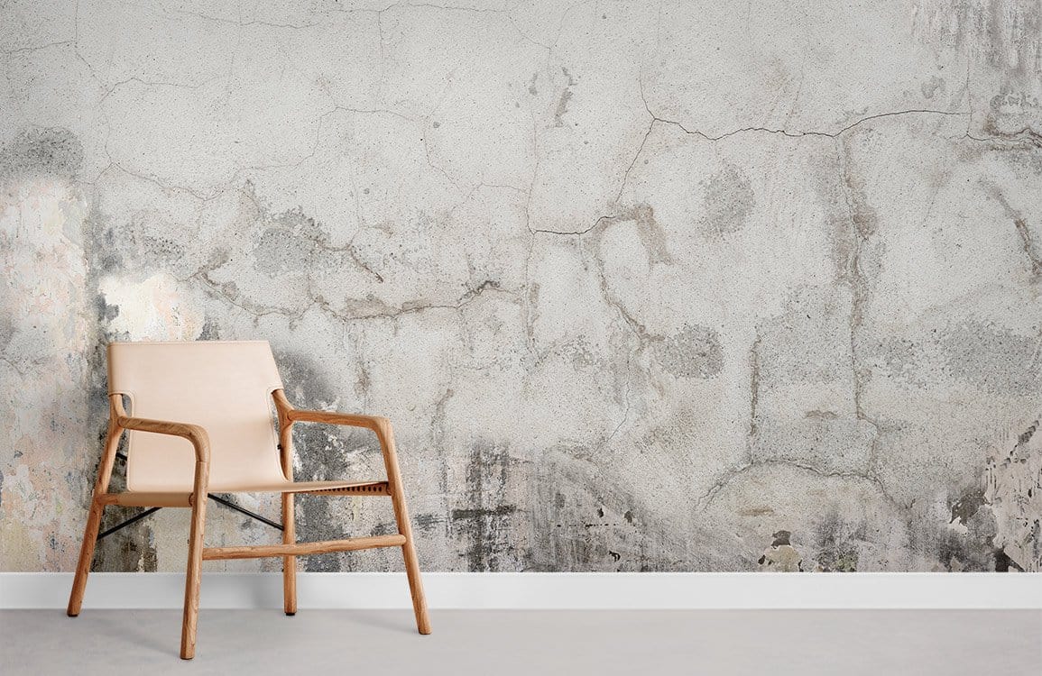 Vintage grey concrete effect mural wallpaper, armchair, minimalist decor, modern industrial style living room.