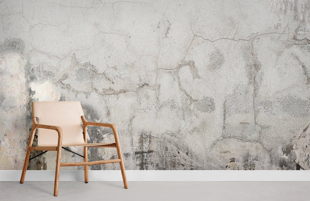Vintage grey concrete effect mural wallpaper, armchair, minimalist decor, modern industrial style living room.