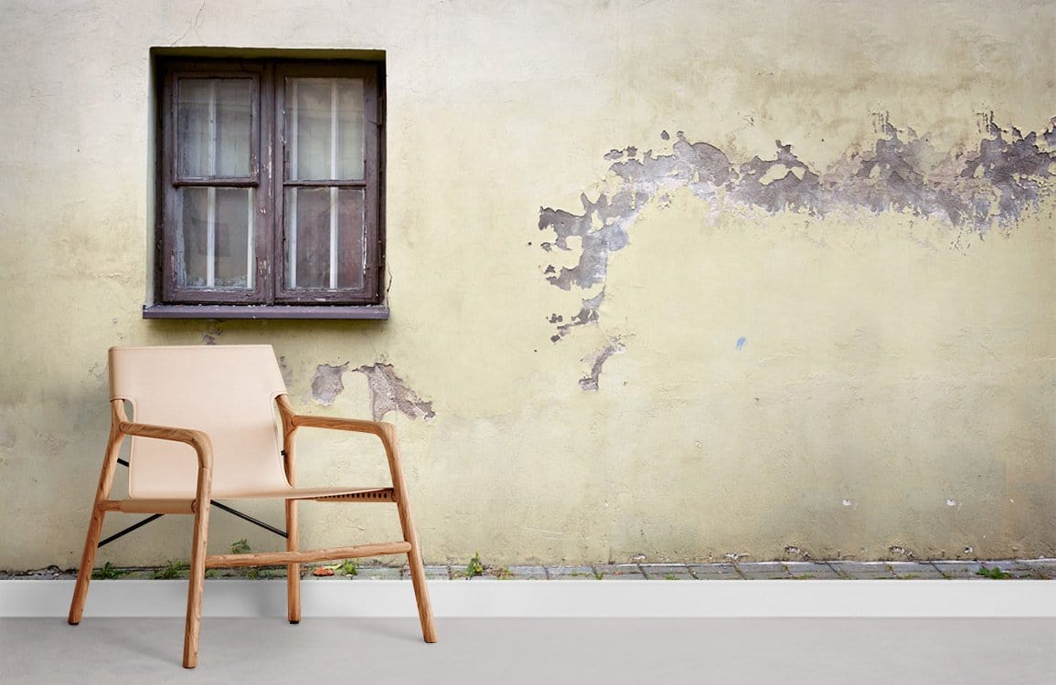 Vintage Rustic Charm Weathered Wall Mural, earthy beige tones, with wooden chair, rustic window.