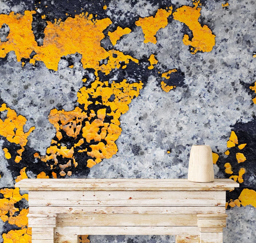 Urban Lichen Textured Yellow Grey Wallpaper Mural with industrial style wooden mantelpiece.