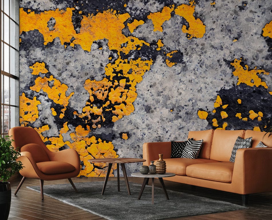 Urban Lichen industrial wallpaper mural, yellow and grey with modern sofa, wood flooring, living room.