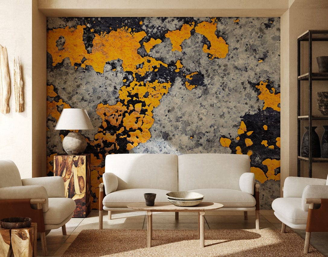 Urban Lichen Yellow Grey Wallpaper Mural, cream sofa, wooden flooring, living room, industrial style.