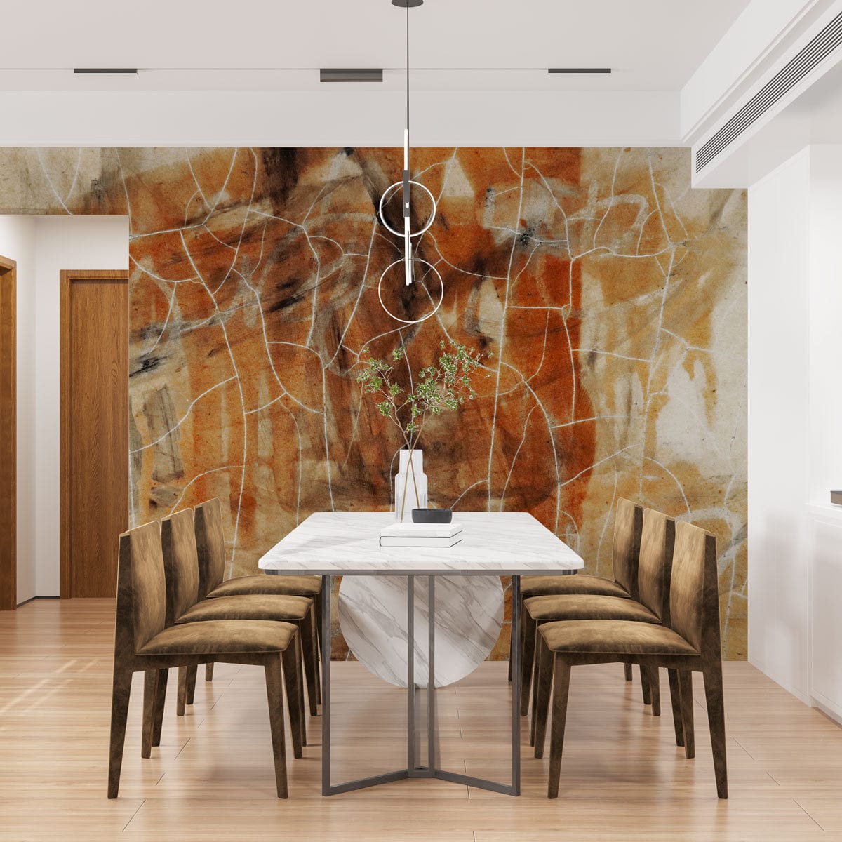 Rustic abstract earth tones cracked mural wallpaper in dining room with marble table and wooden chairs.