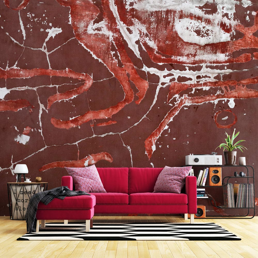 Rustic Red Mural Wallpaper with modern sofa, abstract design, and wood flooring in living room.
