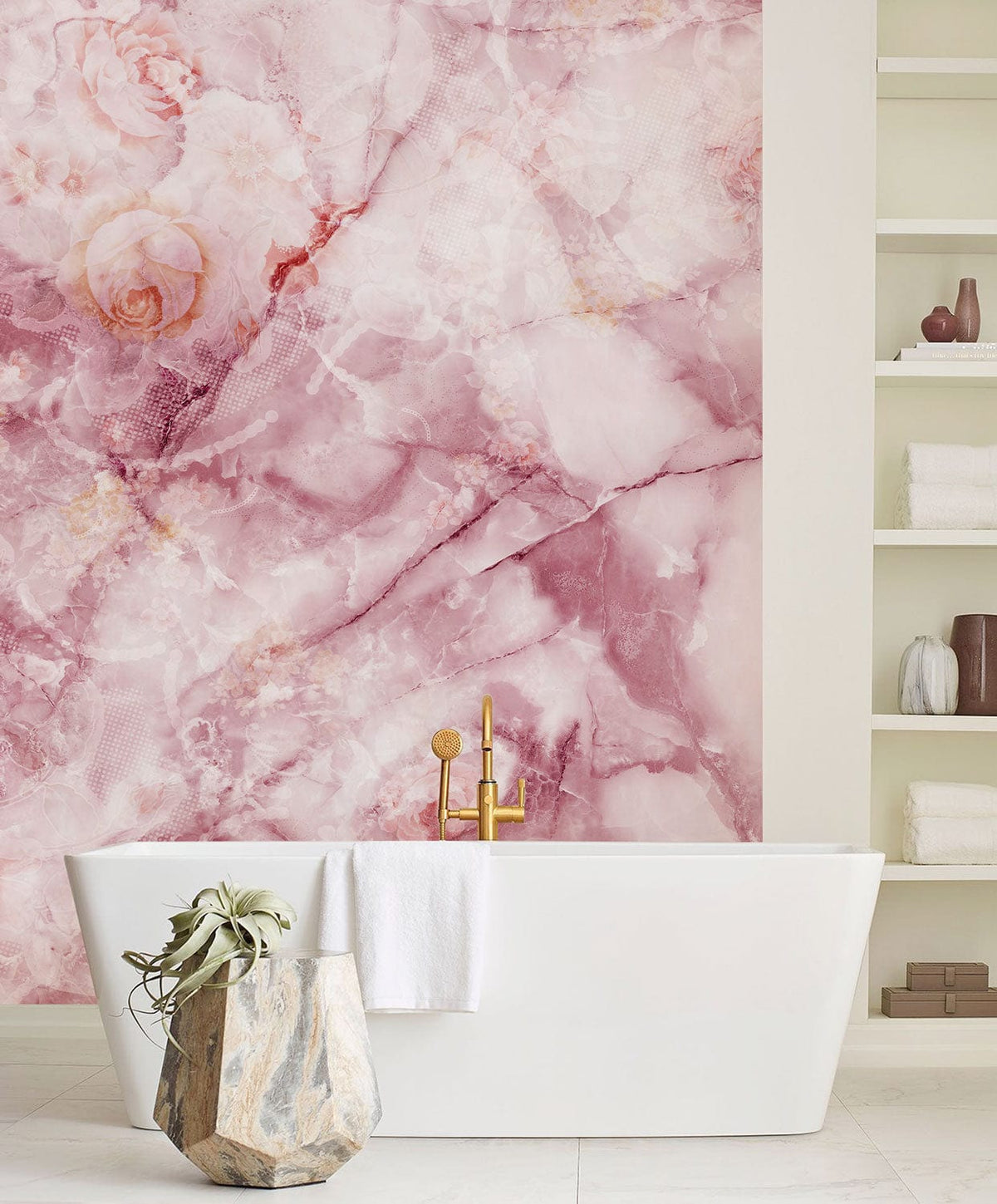 Vintage Rose Marble Effect Wallpaper in bathroom; elegant pink floral design, white bathtub, shelving.