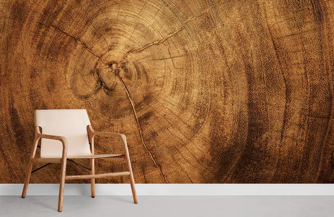 Rustic wood grain effect brown wallpaper in living room with neutral chair, minimalist natural decor style.