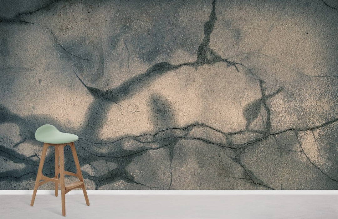 Vintage industrial grey marble effect wallpaper with modern mint green stool on light flooring.