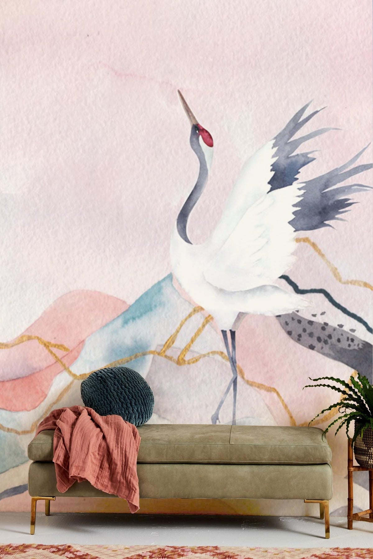Elegant Crane mural in pastel hues, Japanese style wallpaper, olive sofa, modern room decor.