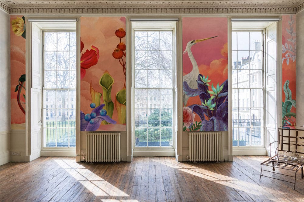 Exquisite Floral Paradise Mural Wallpaper Heron, pastel hues, elegant wooden flooring, classic trimmed windows.