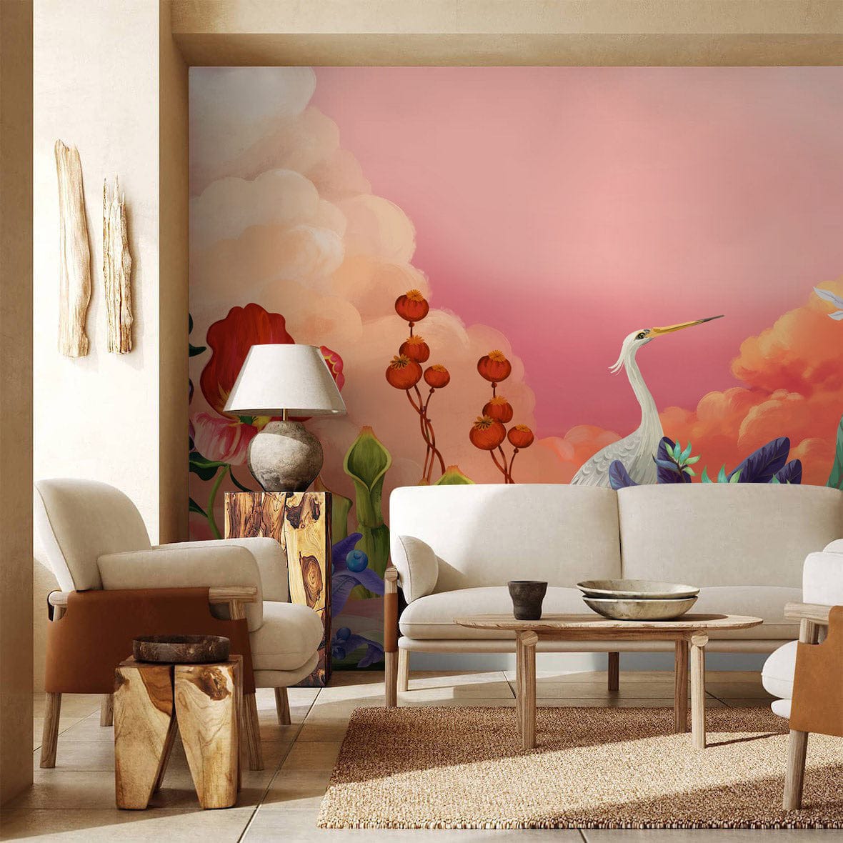 Exquisite Floral Paradise Mural Wallpaper with heron, pastel sunset, beige sofa, cosy living room decor.
