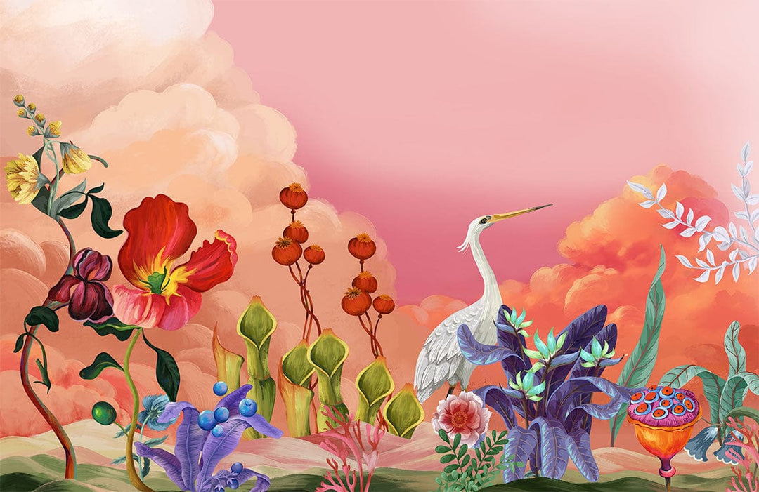 Exquisite Floral Paradise Mural Wallpaper with Heron in Dreamy Pastel Sunset