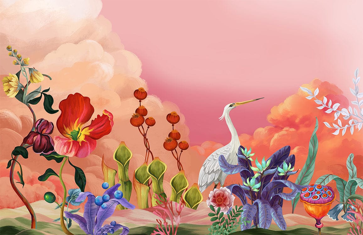 Exquisite Floral Paradise Mural Wallpaper with Heron in Dreamy Pastel Sunset
