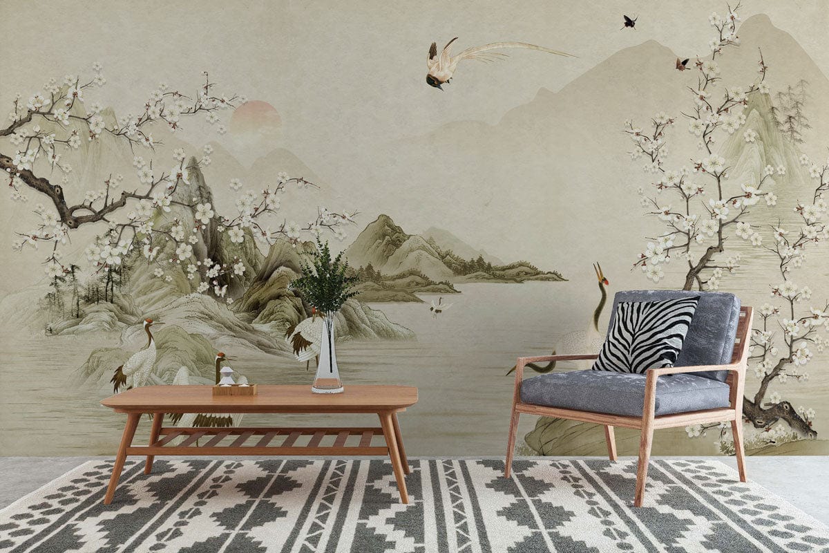 Serene Oriental Crane Landscape Mural Wallpaper with mid-century furniture, geometric rug, soft earthy tones.