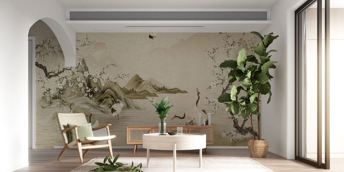 Serene Oriental Crane Landscape Mural Wallpaper adorns modern living room with minimalist furniture and decor.