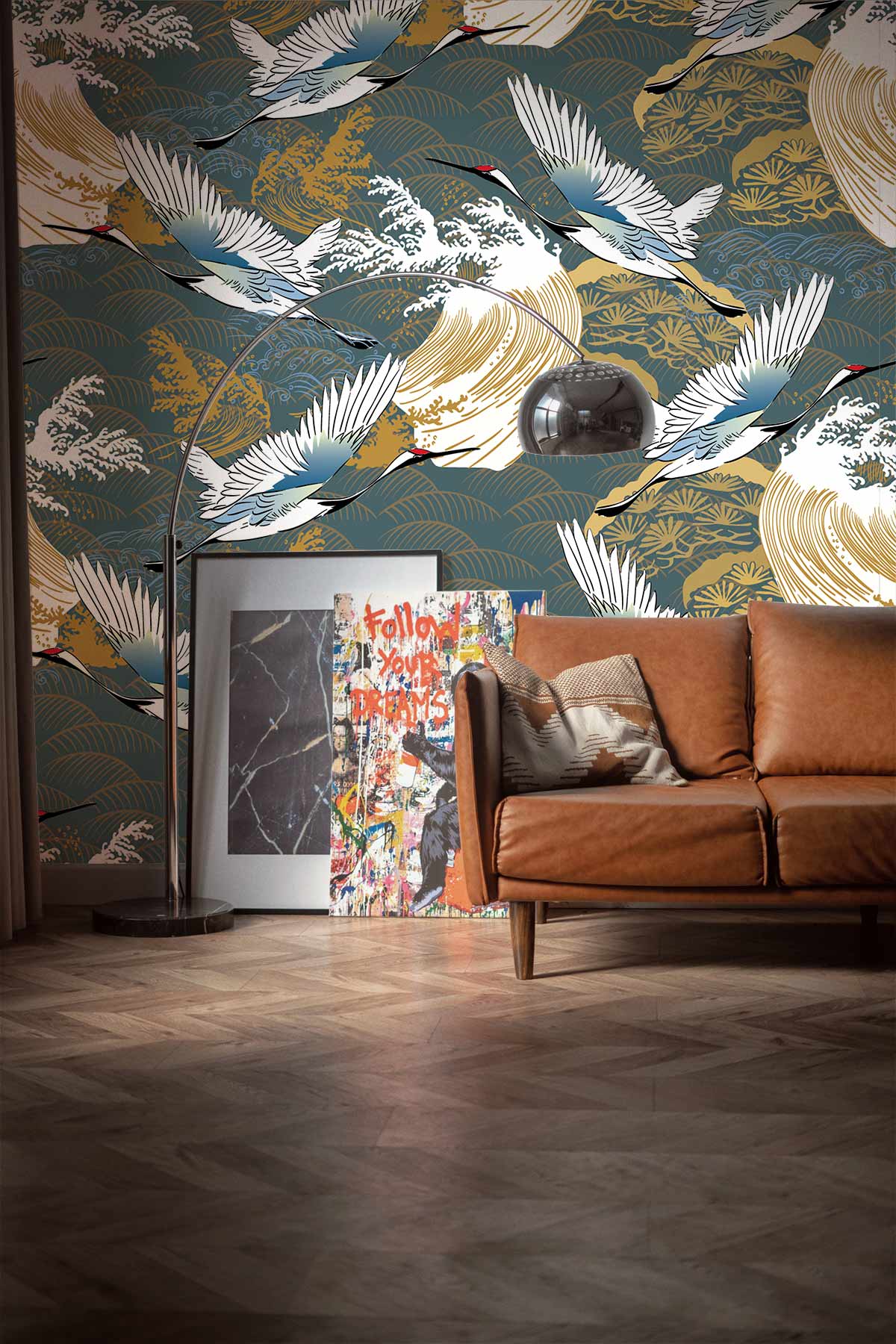 Elegant Crane Motif wallpaper, blue-gold, vintage Asian style; modern brown leather sofa, wooden flooring.