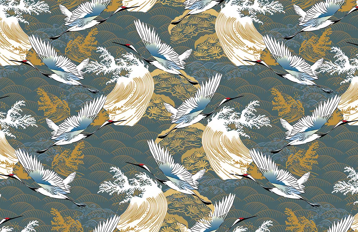 Elegant Crane Motif Vintage Wallpaper in Blue and Gold with Asian Style
