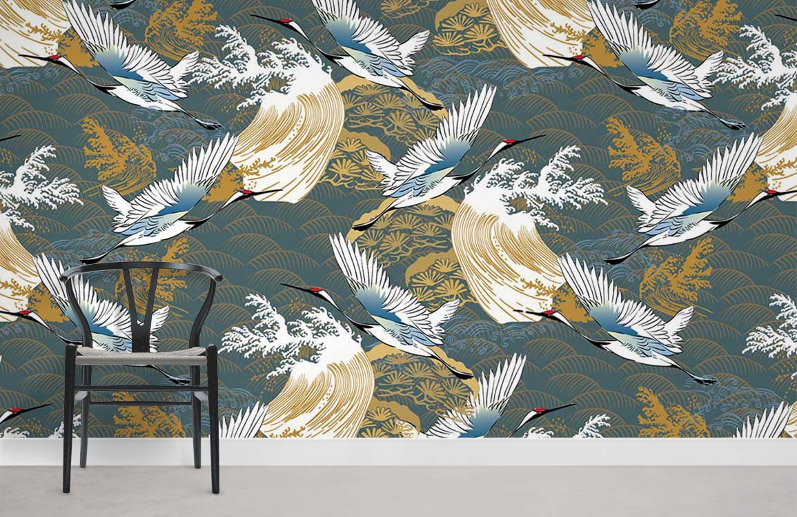 Elegant Crane vintage wallpaper in blue and gold with Asian style, featuring chair and neutral flooring.