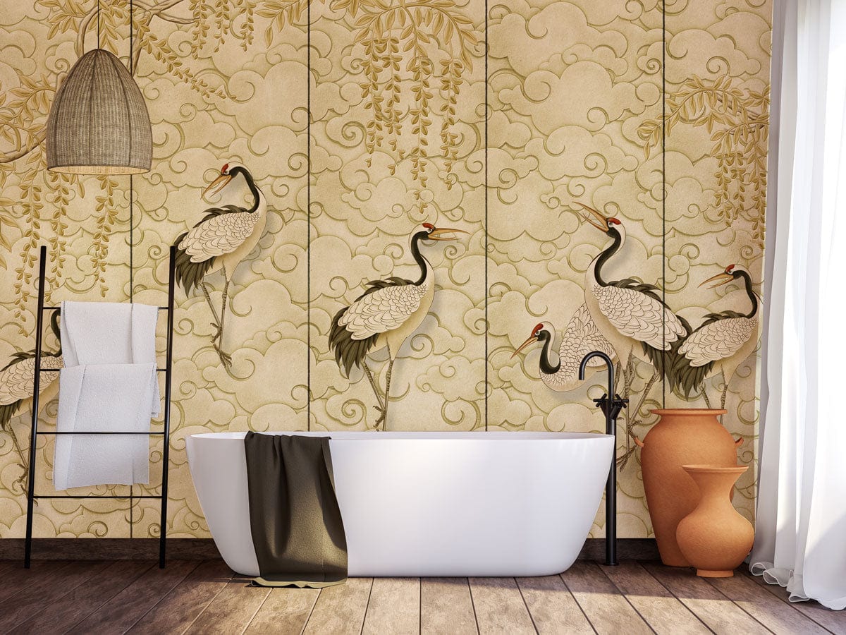 Elegant golden crane mural wallpaper in vintage bathroom, white bathtub, wooden floor, and warm decor items.