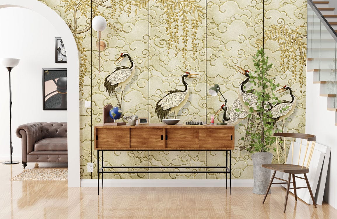 Alt text: Elegant Golden Crane Oriental Mural Wallpaper in a vintage living room with brown sofa, wooden console.
